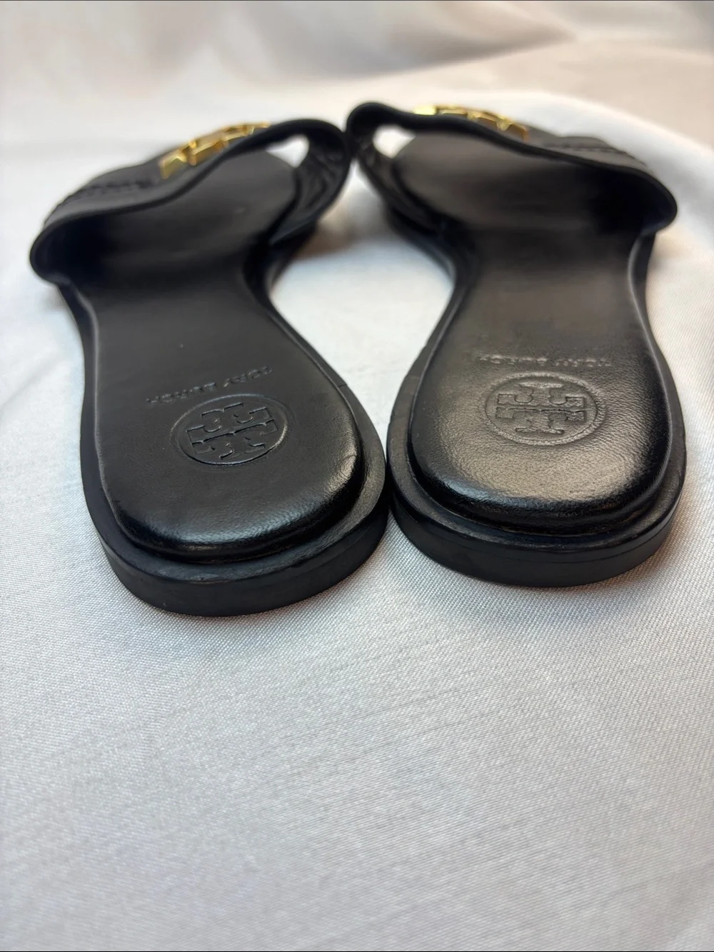 Tory Burch Black Leather Slides with Gold Double-T Emblem